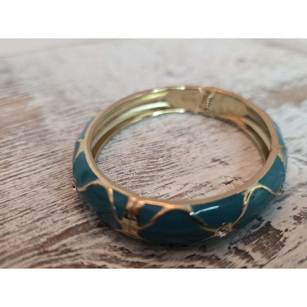 Vintage Turquoise Enamel Clamper Bracelet Gold Tone Rhinestone Jewelry #259 - Picture 7 of 12